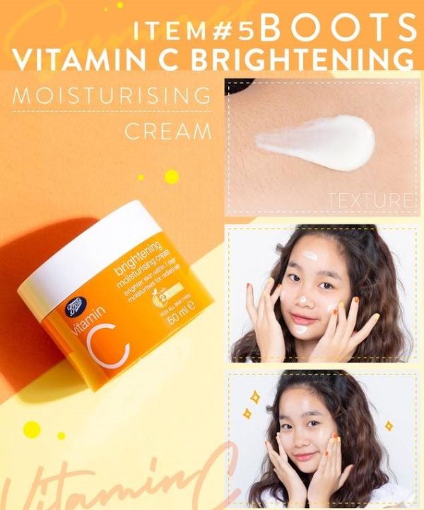 Boots Vitamin C Cream hydrates and brightens skin for healthy glow.