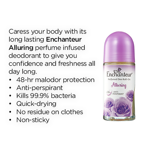 ENCHANTEUR Alluring Perfumed Deo Roll-On caresses your body with its long-lasting sensual floral fragrance to give you confidence and provides 48-hours malodor protection & anti-perspirant that keeps you fresh all day long.