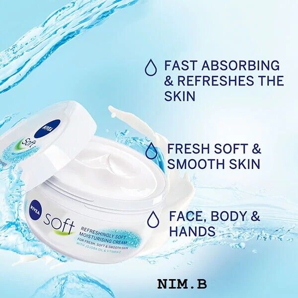 NIVEA Soft on face, hands and body. Get rich moisture care with Jojoba Oil and Vitamin E Sense the fast absorbing cream Feel and see how your skin gets sensationally soft and smooth.