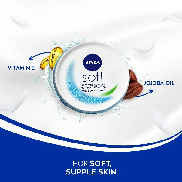 Nivea Soft Cream enriched with jojoba oil and vitamin E for daily skin hydration.