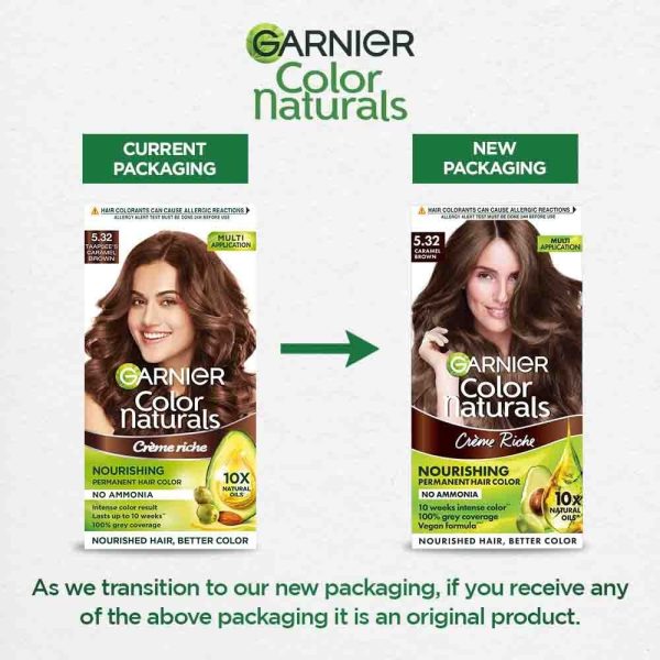 Garnier Naturals Hair Color shade 5.32 Caramel Brown, nourishing hair dye for shiny long-lasting color.