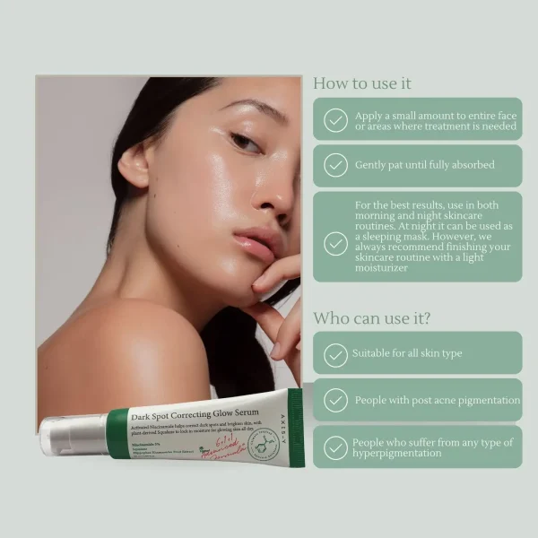 AXIS-Y Dark Spot Correcting Glow Serum Apply a small amount to entire face or problem areas.Pat until completely absorbed.