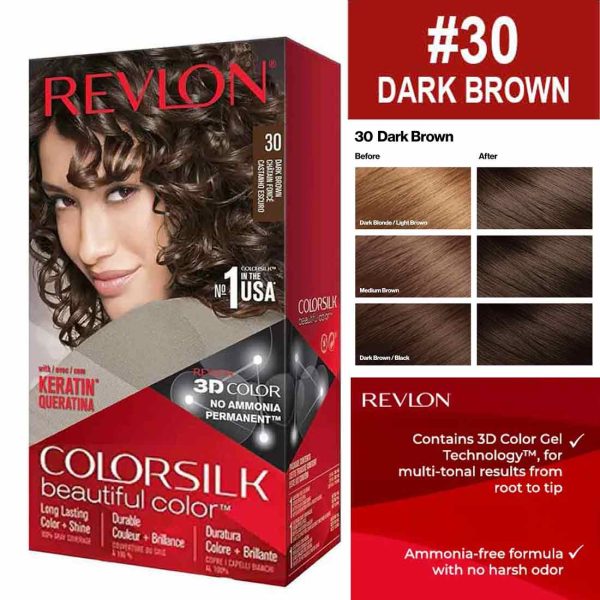 Revlon ColorSilk Hair Color 30 Dark Brown, long-lasting natural-looking hair color for smooth shiny hair.